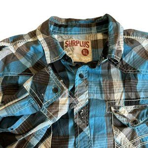 Surplus Blue Plaid Snap Pocket Long Sleeve Button Up Shirt Mens XL‎